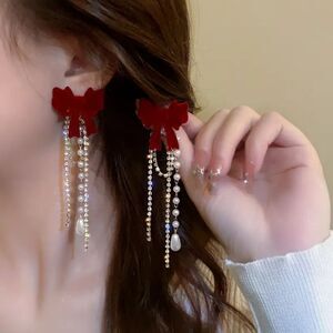Wicked Silk Elegant, Chic Velvet Red Bow Jeweled Pearl Tassel Earrings
